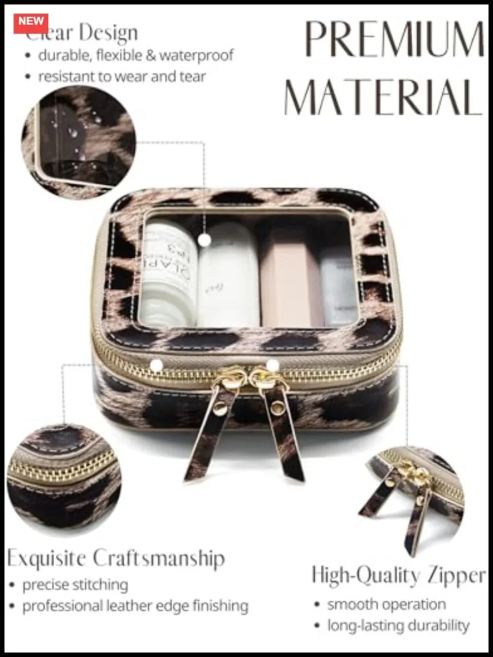 Clear Makeup Bag Faux Leather Leopard Print for Purse Travel Mini Cosmetic Pouch